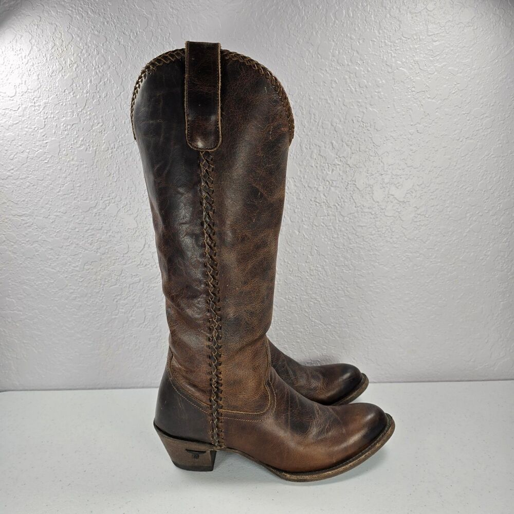 Lane Plain Jane Boots Womens 8 Brown Leather Western Tall Knee Cowgirl Braided